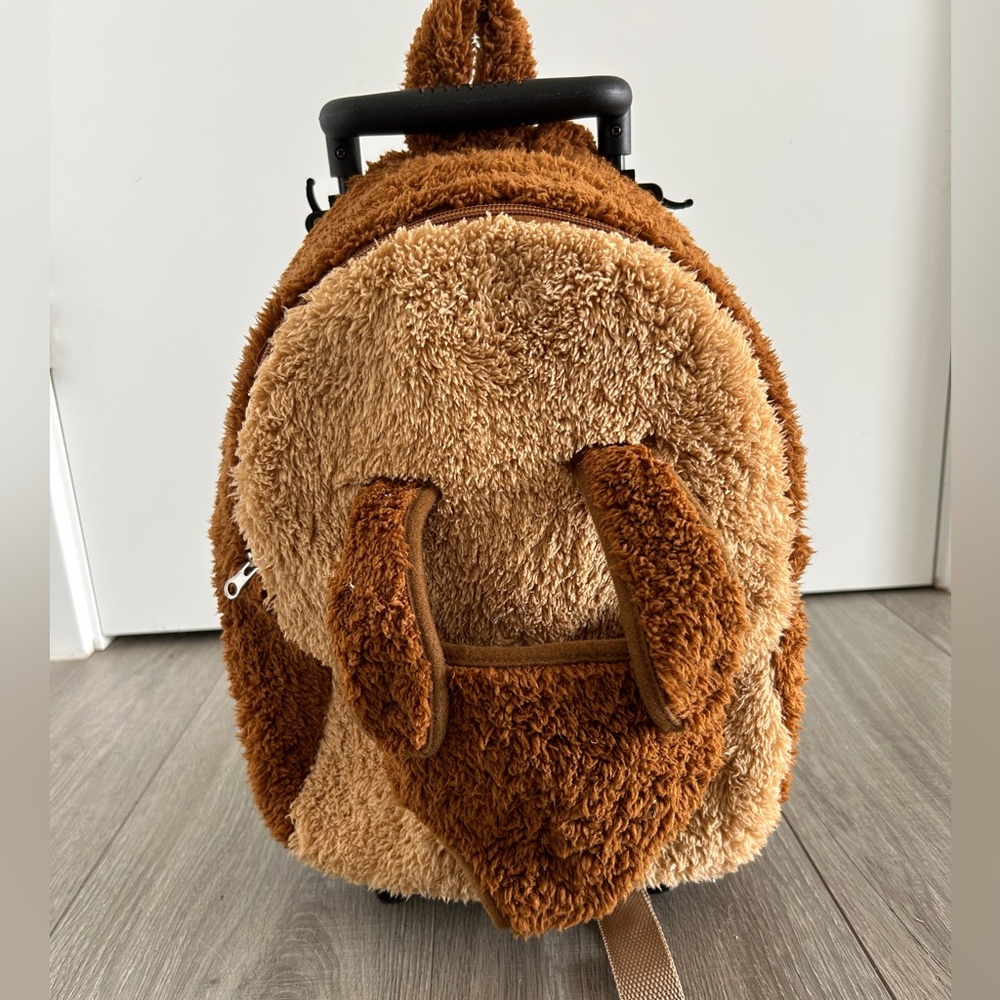 Fluffy Brown Dog Rolling Backpack – Kids Plush Travel Bag